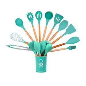 Silicone Cooking Set, 12 pcs Kitchen Utensils Set, Wooden Handle, Bucket Storage